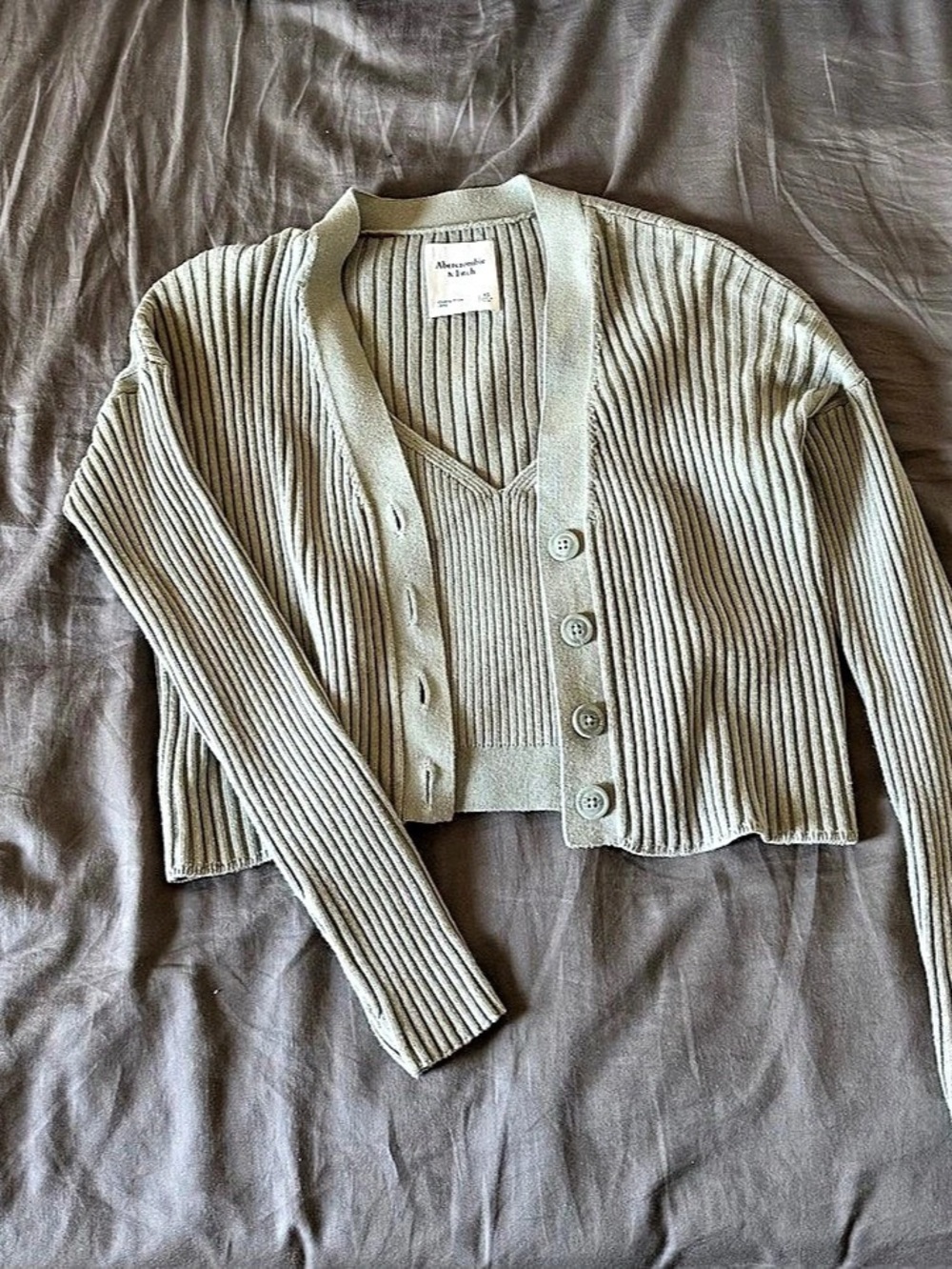 Abercrombie & Fitch Ribbed Cropped Cardigan Set  in Light Green Size XS